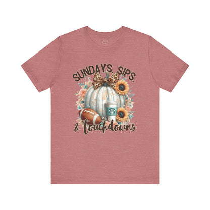 Football Tee - Sundays, Sips, & Touchdowns - Pumpkin, Latte, Sunflowers & Football