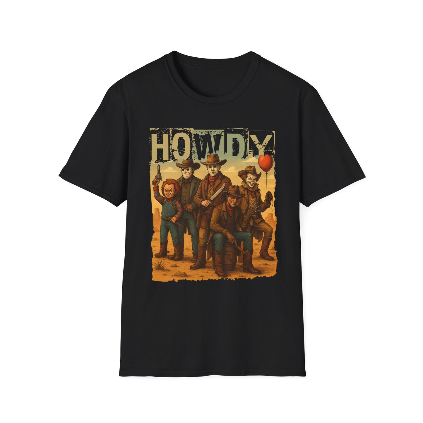 Horror Cowboys Unisex T-Shirt featuring Chucky, Jason, Michael Myers, Pennywise and Freddy