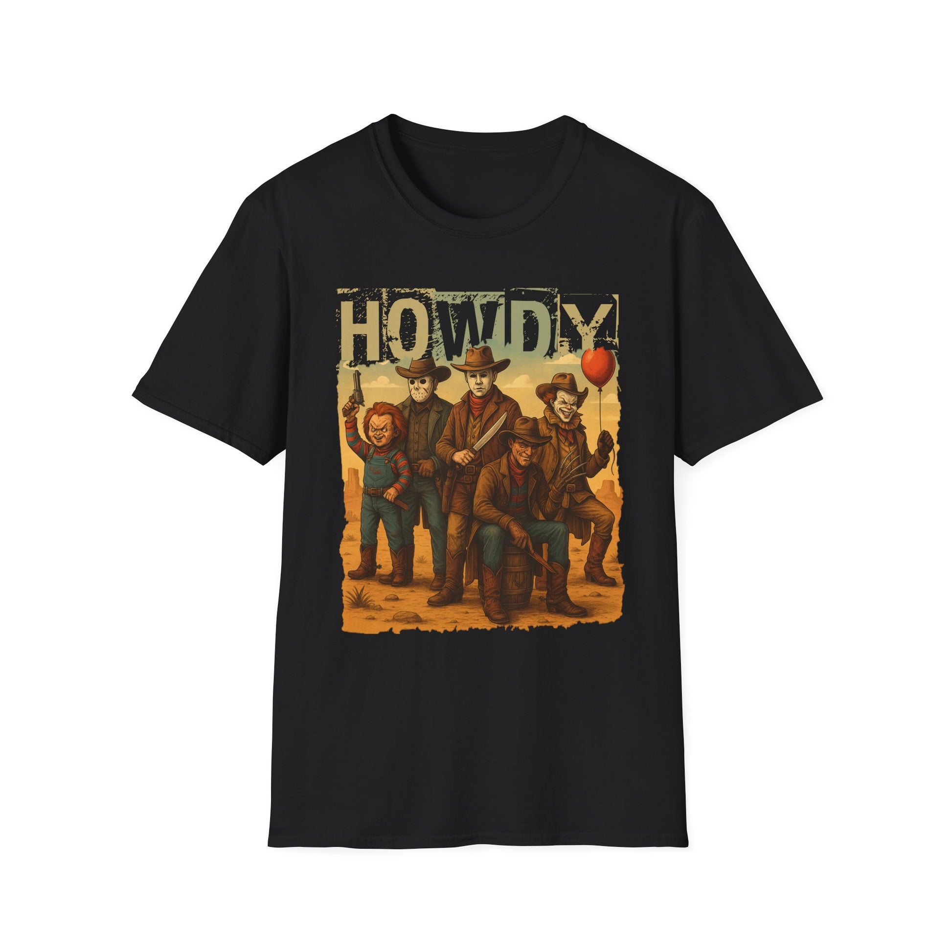 Horror Cowboys Unisex T-Shirt featuring Chucky, Jason, Michael Myers, Pennywise and Freddy