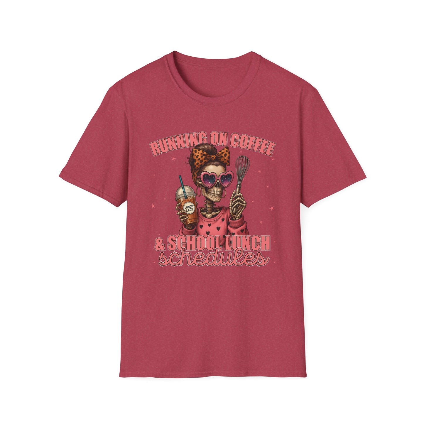Funny Lunch Lady Unisex Softstyle T-Shirt - Running on Iced Coffee and School Lunch Schedules - Front Design Only