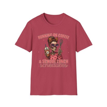 Funny Lunch Lady Unisex Softstyle T-Shirt - Running on Iced Coffee and School Lunch Schedules - Front Design Only