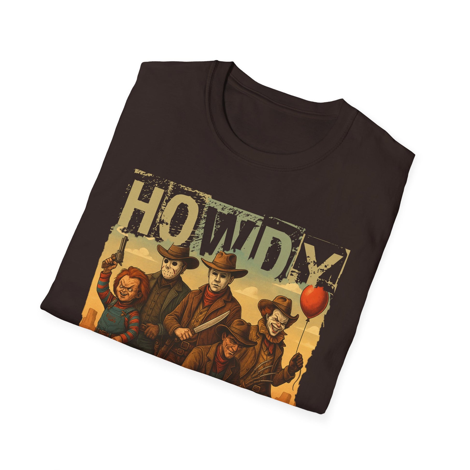 Horror Cowboys Unisex T-Shirt featuring Chucky, Jason, Michael Myers, Pennywise and Freddy