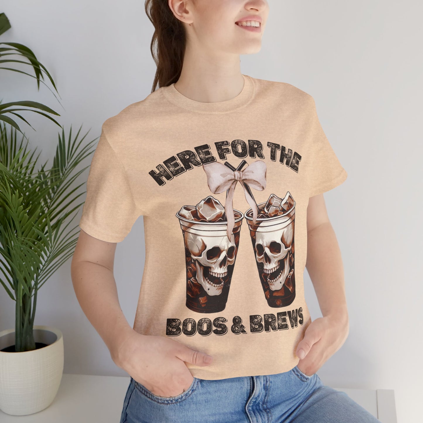 Halloween Skeleton Iced Coffee Tee - Here for the Boos and Brews