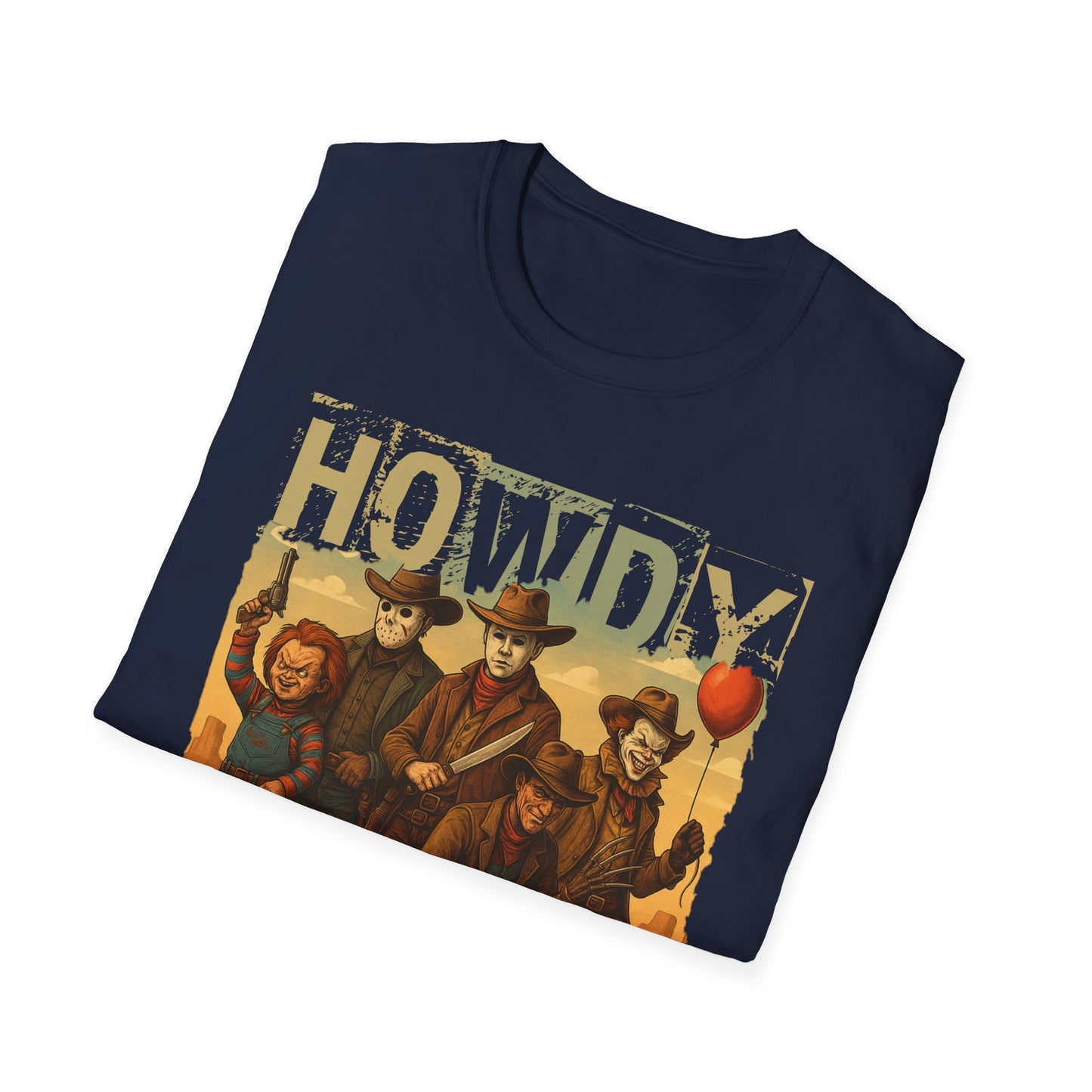 Horror Cowboys Unisex T-Shirt featuring Chucky, Jason, Michael Myers, Pennywise and Freddy