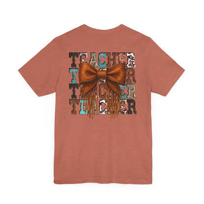 Western Style Teacher Tee with Fringe Bow Front & Back Design - Unisex Jersey Short Sleeve