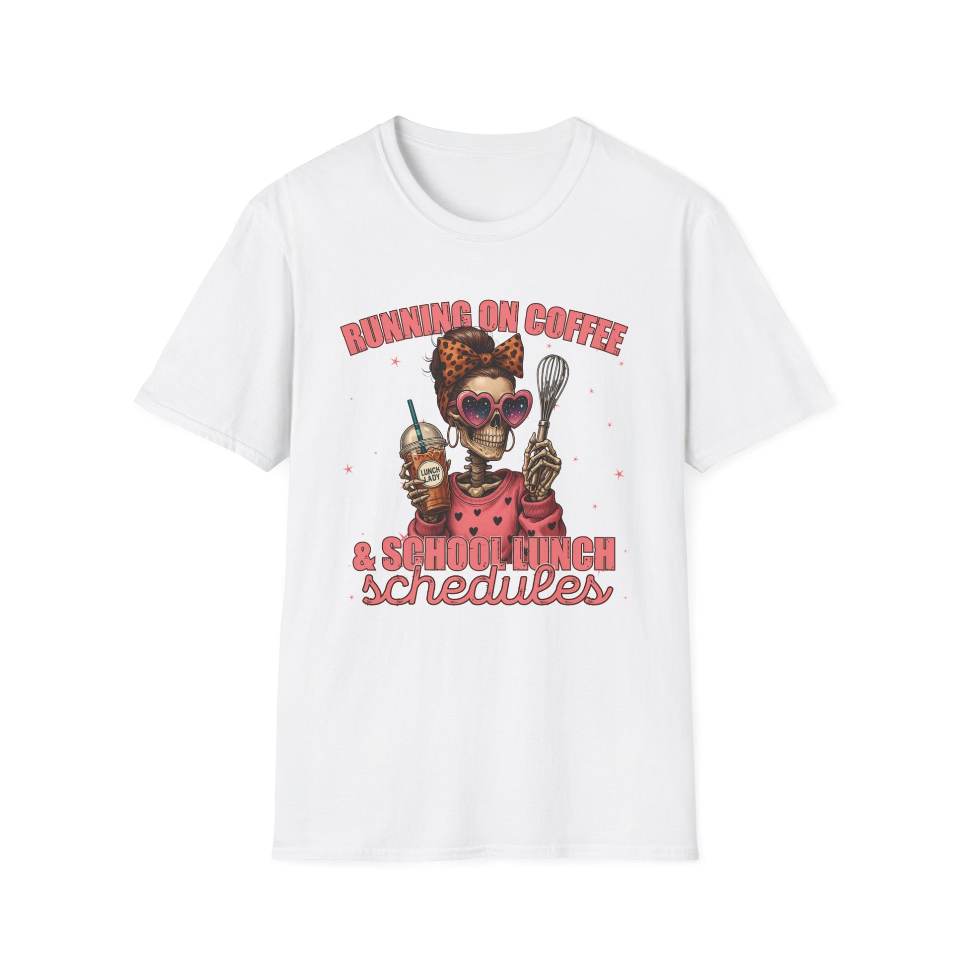 Funny Lunch Lady Unisex Softstyle T-Shirt - Running on Iced Coffee and School Lunch Schedules - Front Design Only