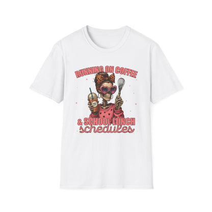 Funny Lunch Lady Unisex Softstyle T-Shirt - Running on Iced Coffee and School Lunch Schedules - Front Design Only