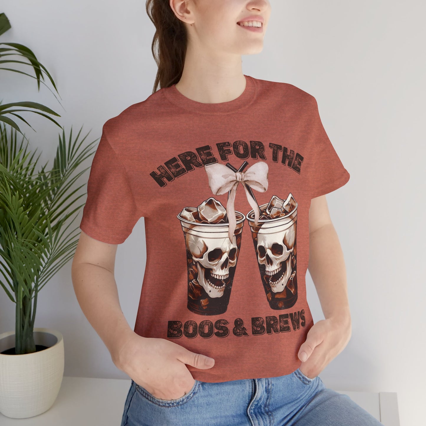 Halloween Skeleton Iced Coffee Tee - Here for the Boos and Brews
