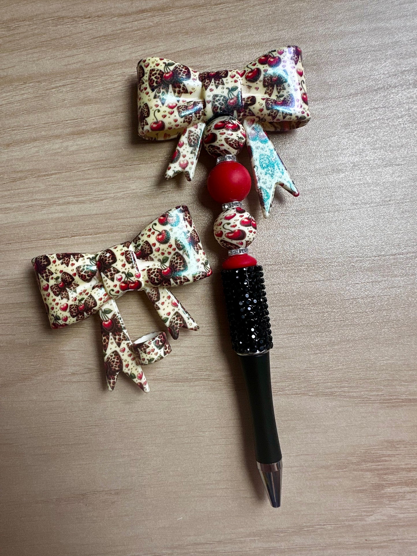 leopard & cherries bow | bling pen + matching straw topper