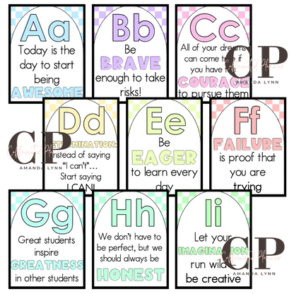 Secondary Alphabet // Motivational Quote Alphabet: Pastel Checkered
