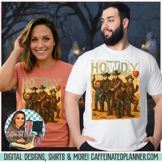 Horror Cowboys Unisex T-Shirt featuring Chucky, Jason, Michael Myers, Pennywise and Freddy