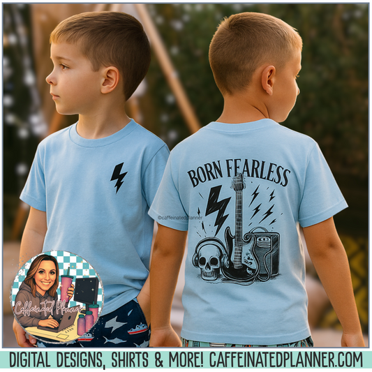 Kids Rock Star Guitar Shirt – Hand-Drawn Guitar with Skull and Sunglasses – Born Fearless