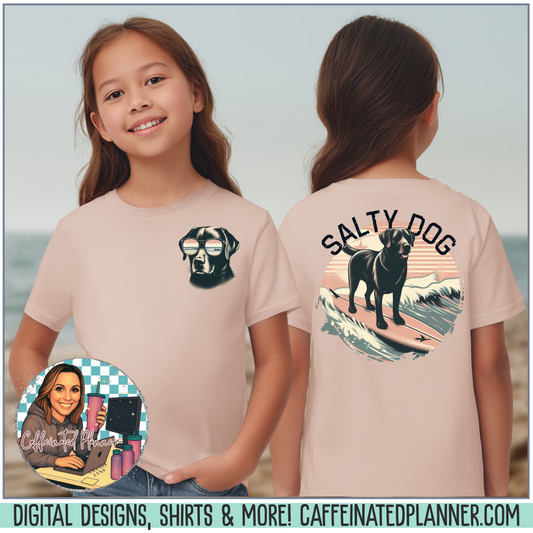 Salty Dog Surf T-Shirt – Vintage Black Lab Beach Shirt for Girls  – Coastal Summer Graphic Tee