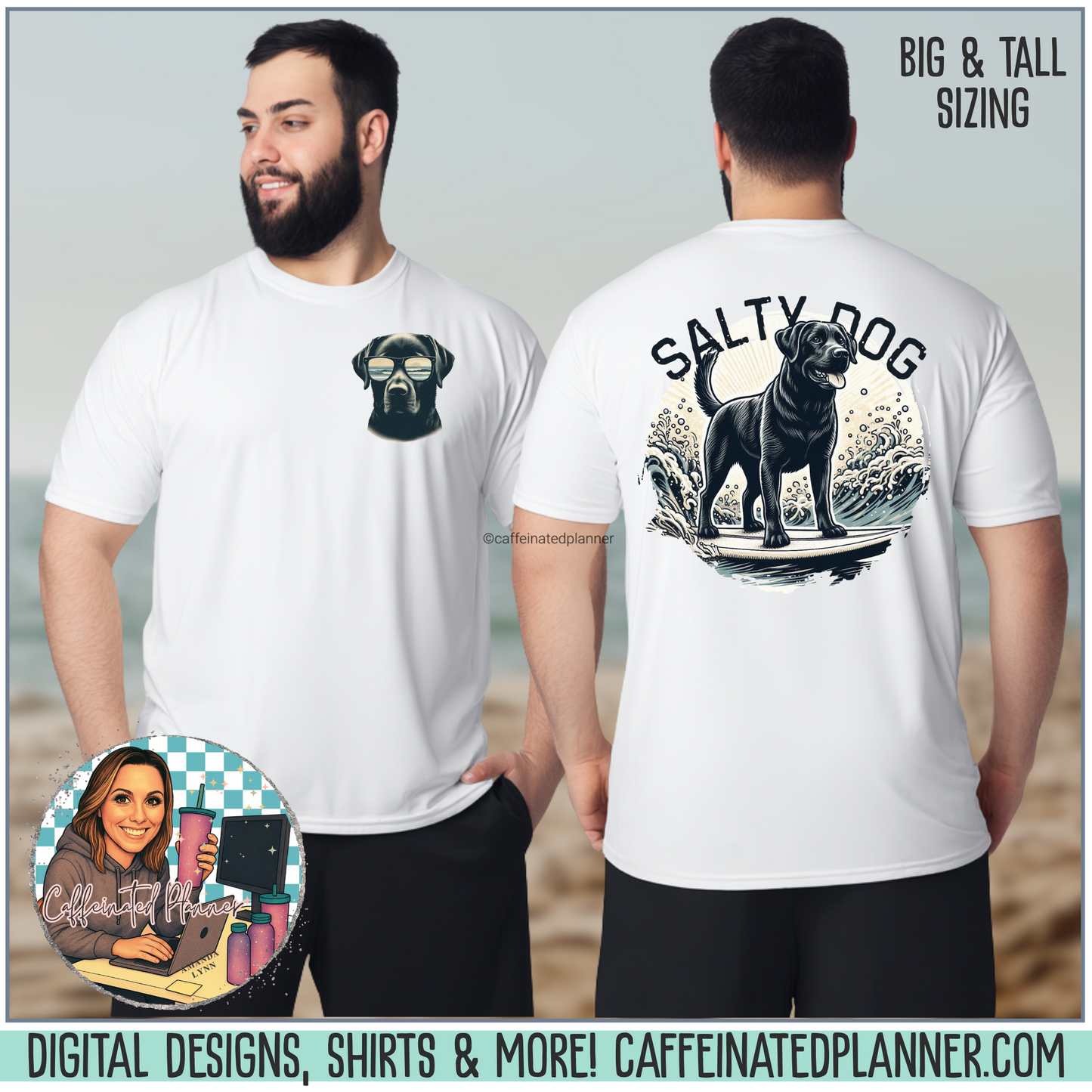 Salty Dog Surf Mens Tall T-Shirt – Vintage Black Lab Beach Shirt for Adults – Coastal Summer Graphic Tee