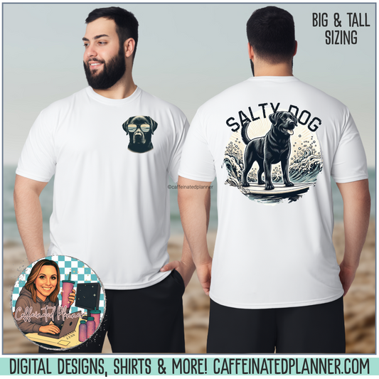 Salty Dog Surf Mens Tall T-Shirt – Vintage Black Lab Beach Shirt for Adults – Coastal Summer Graphic Tee