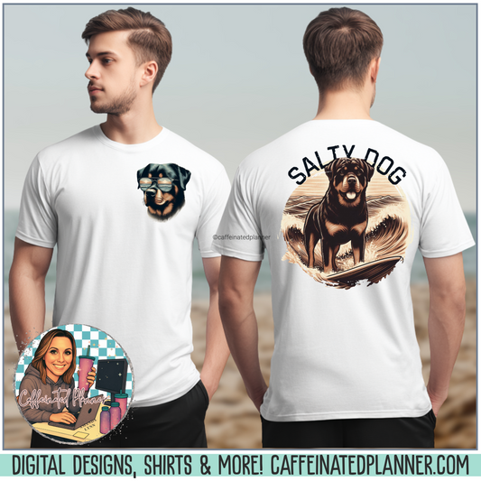 Salty Dog Surf Rottweiler T-Shirt – Vintage Black Lab Beach Shirt for Kids & Adults – Coastal Summer Graphic Tee
