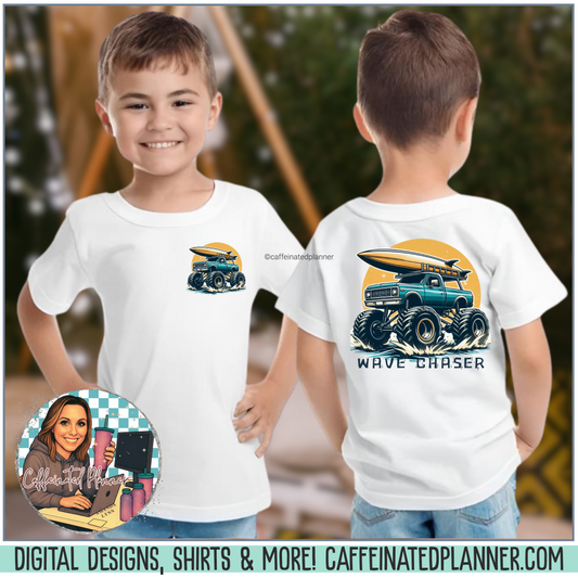 Wave Chaser Monster Truck Surf T-Shirt – Boys Beach Sunset Shirt – Summer Adventure Tee