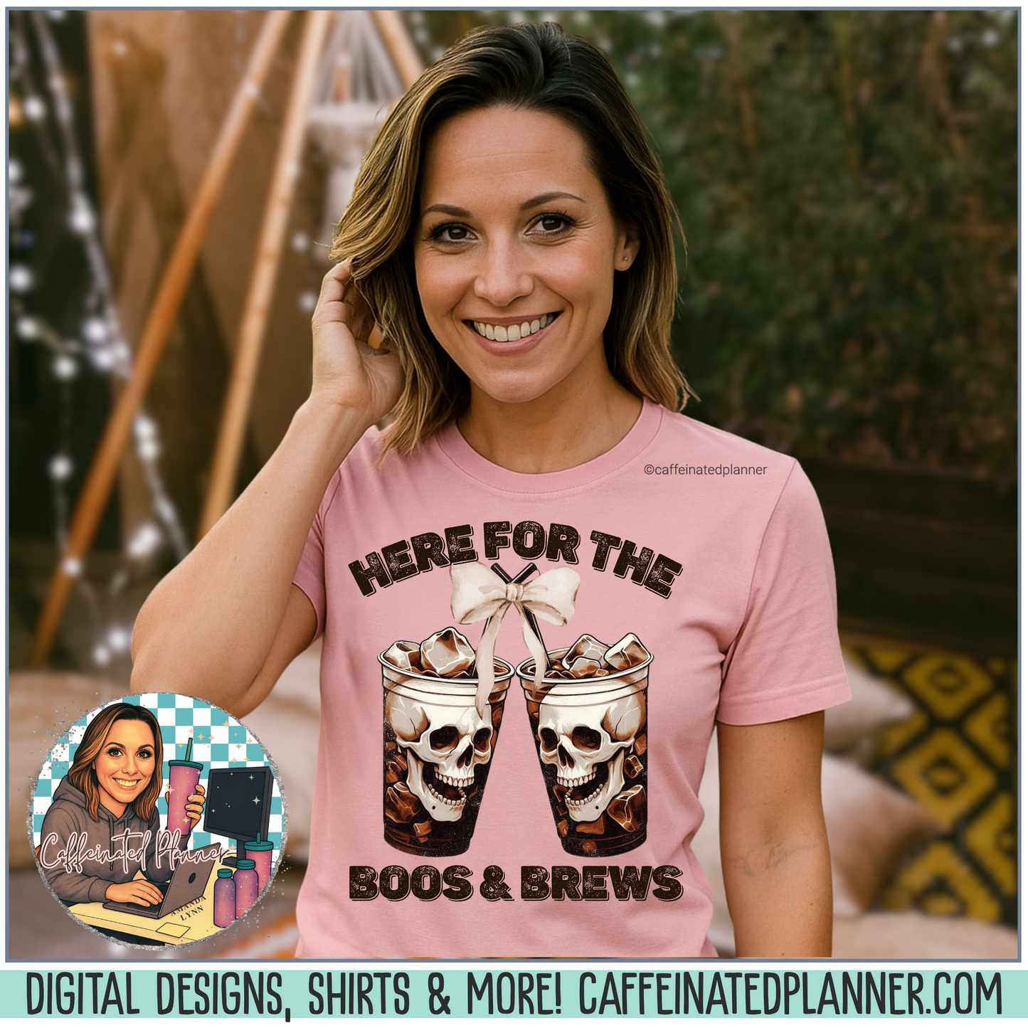Halloween Skeleton Iced Coffee Tee - Here for the Boos and Brews