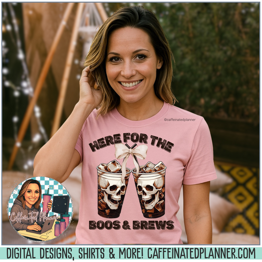 Halloween Skeleton Iced Coffee Tee - Here for the Boos and Brews