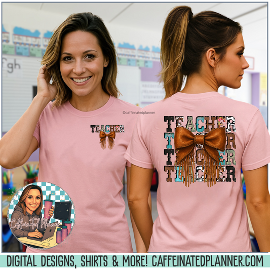 Western Style Teacher Tee with Fringe Bow Front & Back Design - Unisex Jersey Short Sleeve