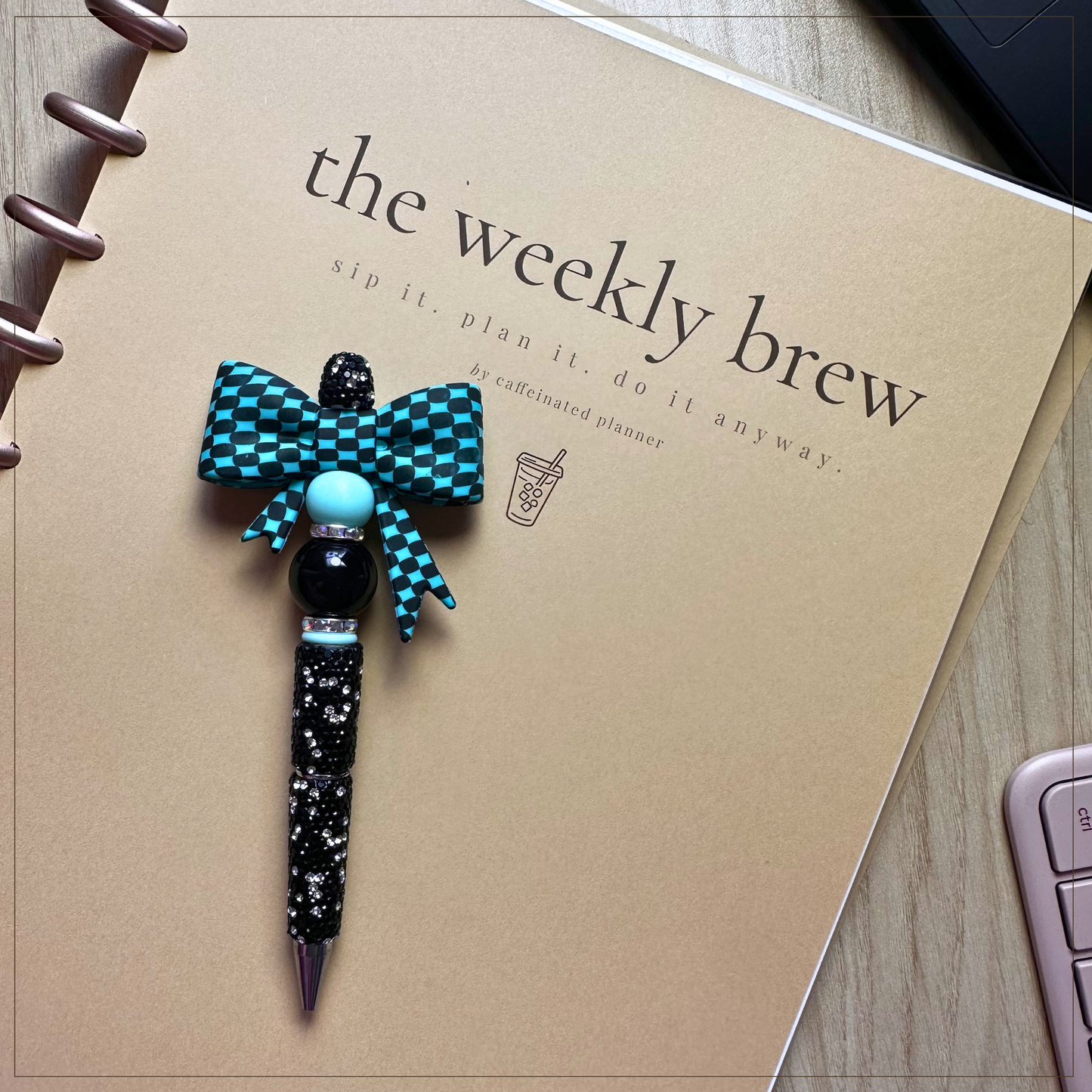 black & turquoise checkered bow | bling pen
