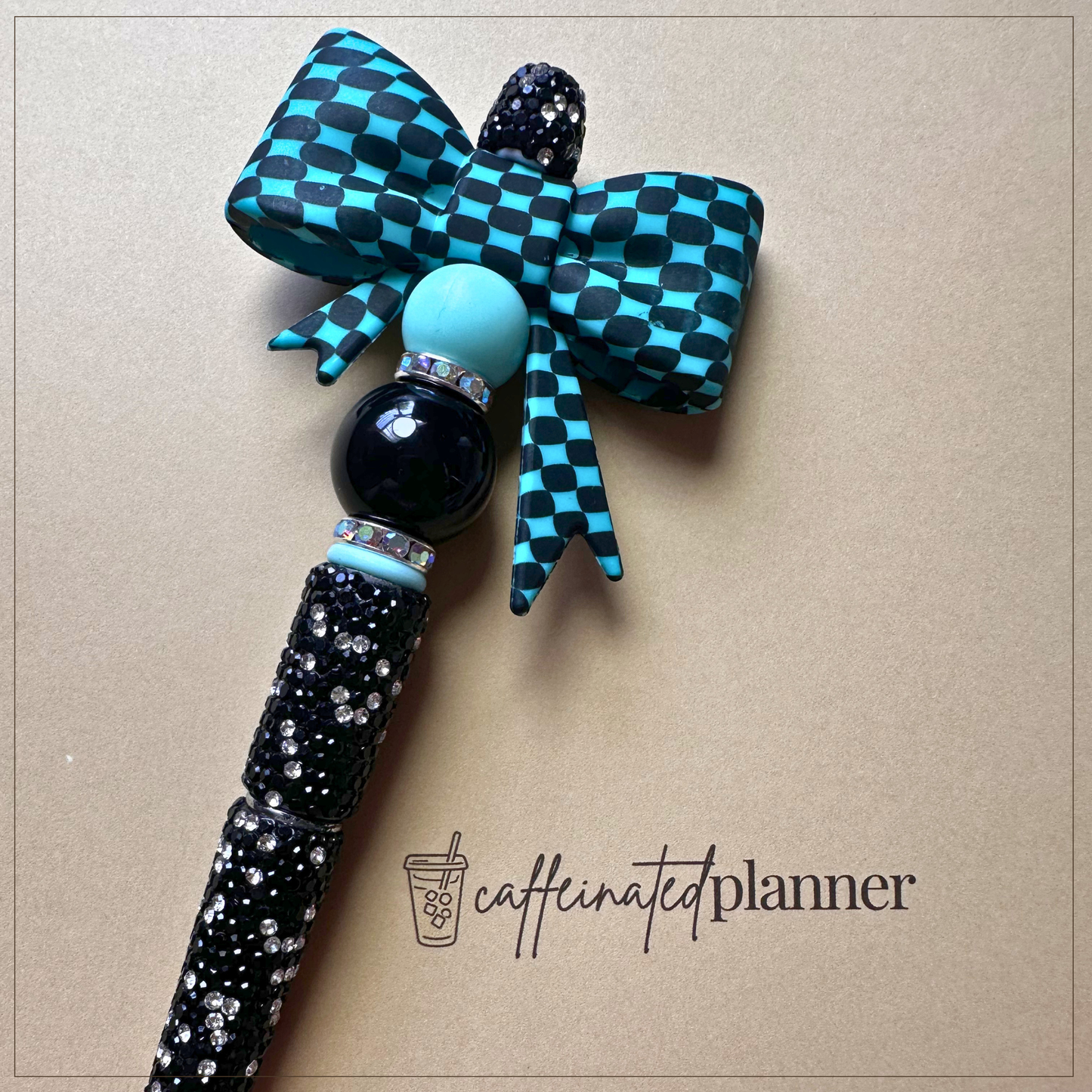 black & turquoise checkered bow | bling pen