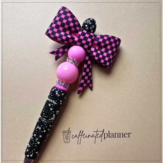 black & pink checkered bow | bling pen