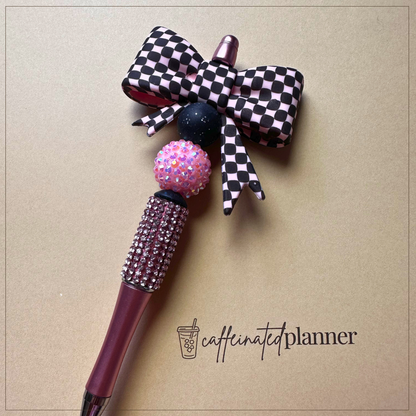 black and light pink checkered bow | bling pen